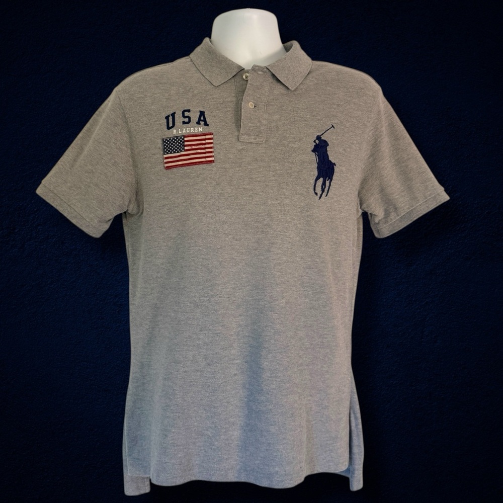 Polo Ralph Lauren USA Flag Polo Shirt XL Custom Fit Athletic V-Fit Gray - Picture 1 of 13